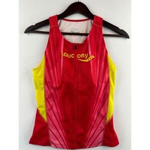 Saucony Womens Race Tank Top Red Yellow Running‎ Cycling Back Pockets Medium